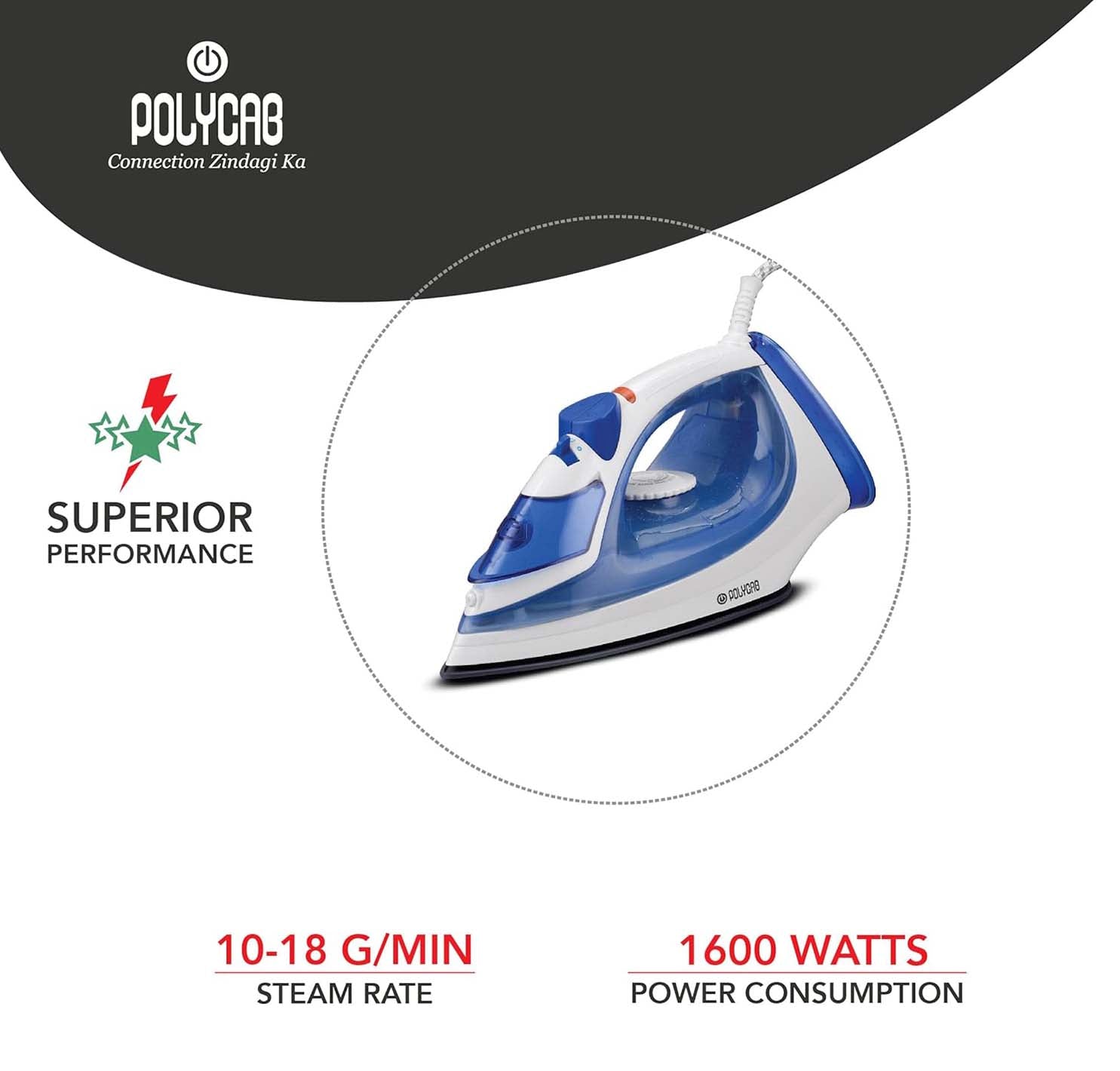 Polycab Stunner Si-03 Steam Iron Box with Teflon Non-Stick Coating - 1600W