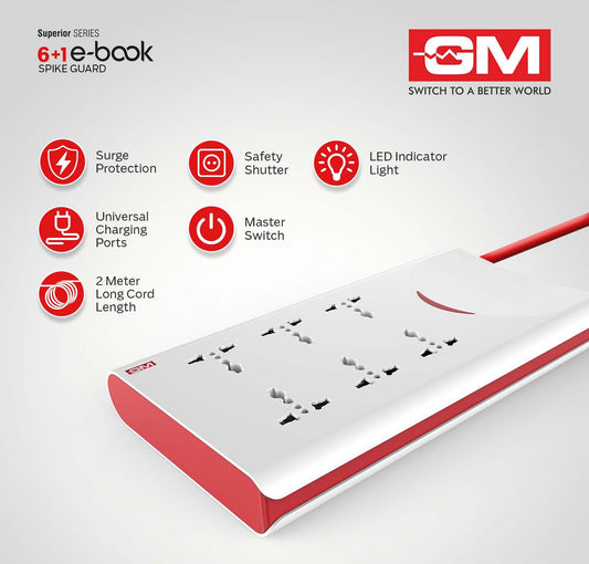 GM 6+1 E-Book Spike Guard With Master Switch, Indicator, Safety Shutter, 6 International Socket & Spike Protector