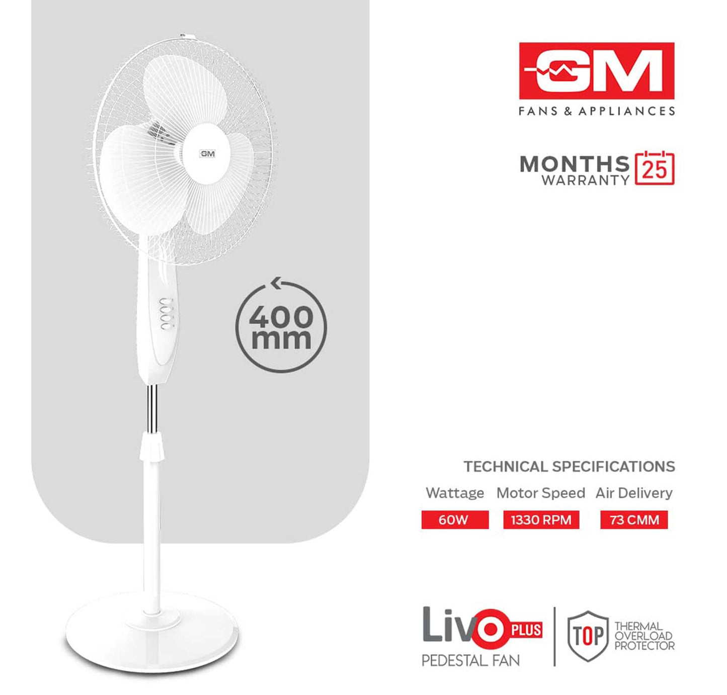 GM Livo Plus Pedestal Fan 400mm NS - White