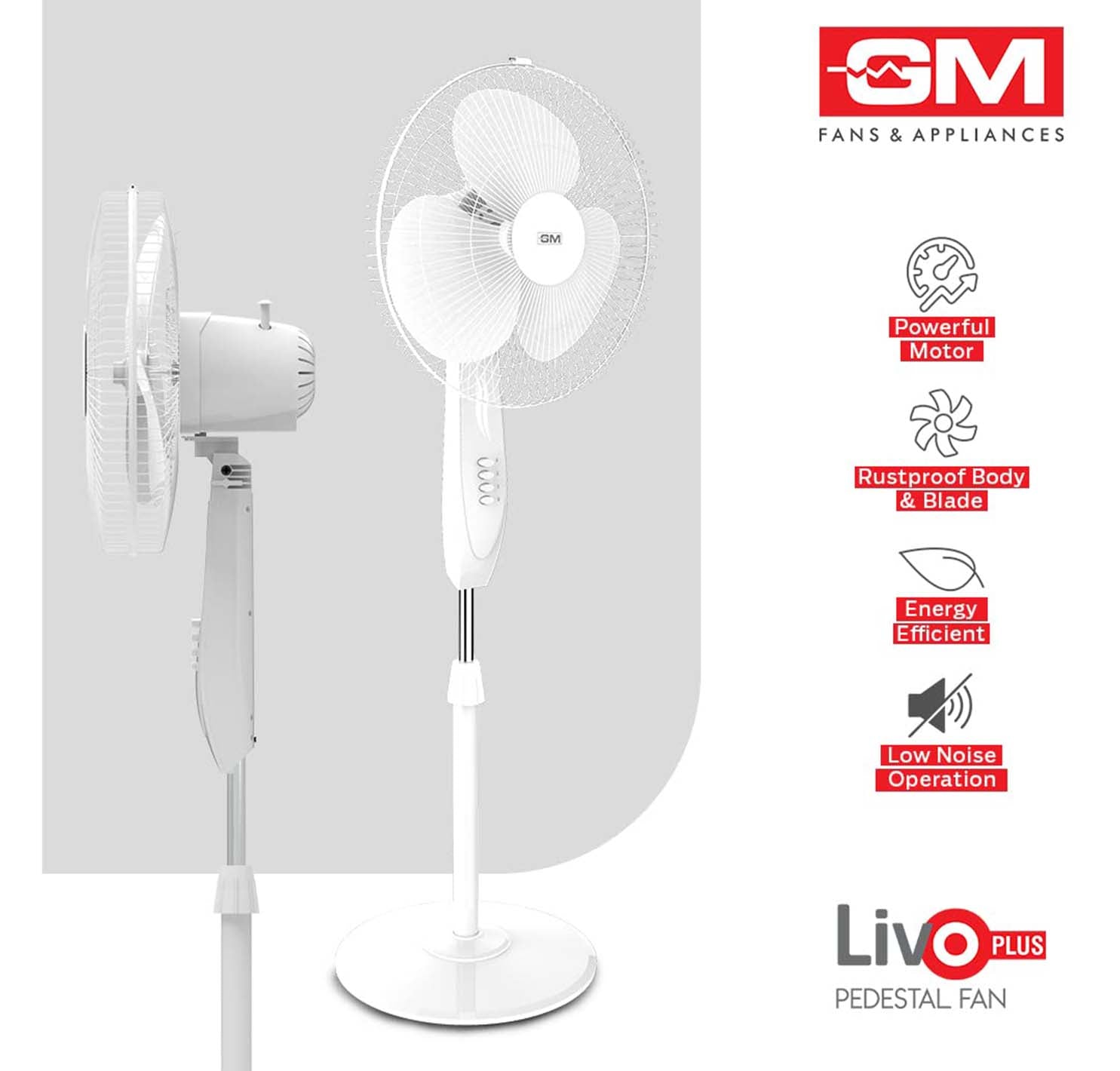 GM Livo Plus Pedestal Fan 400mm NS - White