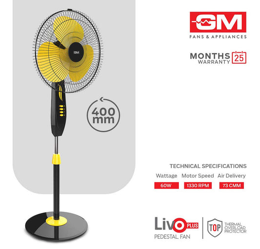 GM Livo Plus Pedestal Fan 400mm NS - Yellow Black