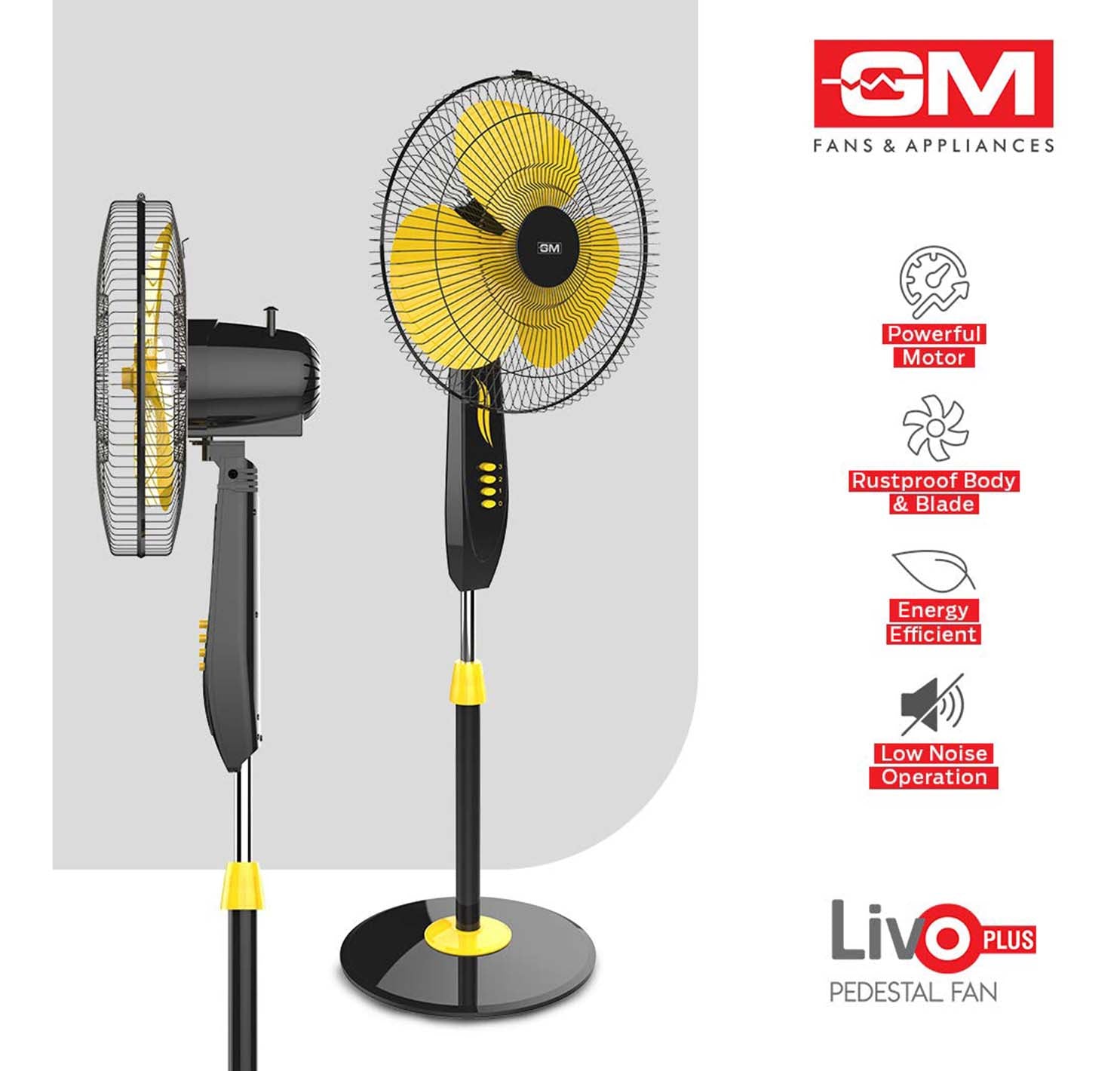 GM Livo Plus Pedestal Fan 400mm NS - Yellow Black